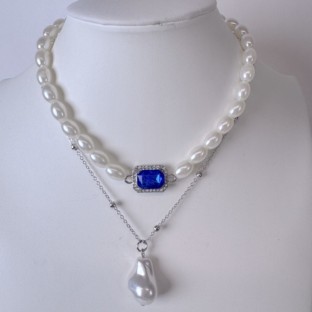 Elegant Pearl and Blue Gem Necklace